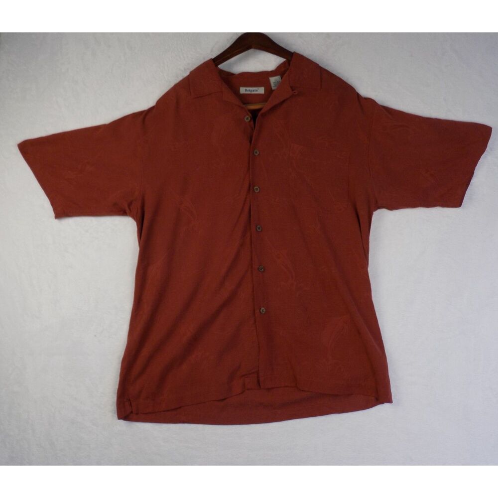 Brigata Mens Large 100% Silk Short Sleeve Button Down Shirt Terracotta Orange